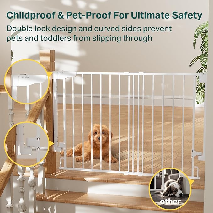Cumbor 29.2-43" No Bottom Bar Baby Gate for Stairs, 2-in-1 Hardware Mounted Dog Gate Indoor, Auto Close Pet Gate for Doorways with Large Walk Thru Door, Wide Child-Proof Safety Gates for Kids (White)-CubbioJoy