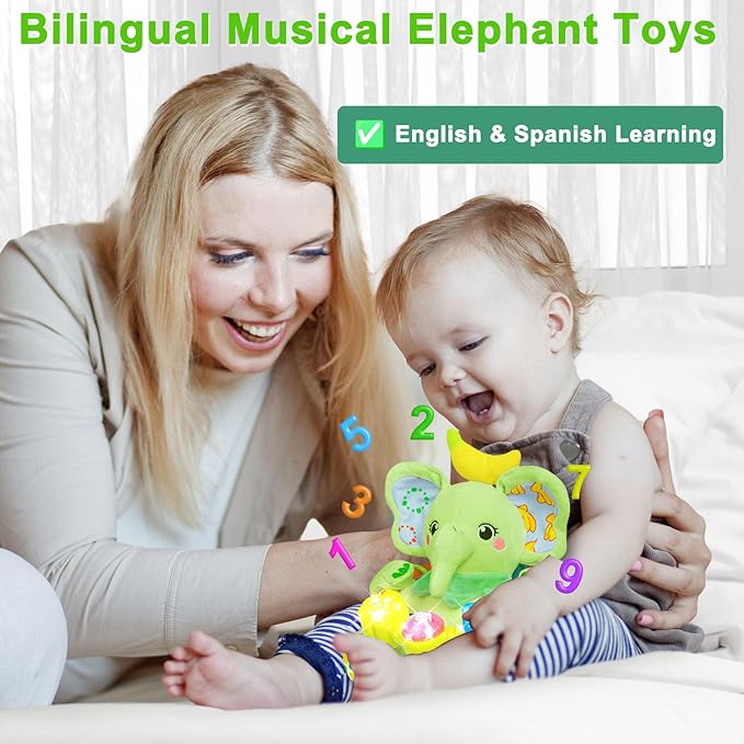 Baby Elephant Musical Stuffed Animals Toy with Light-Up Music & Crinkle Sound Paper,Infant Bilingual Early Learning Education Toys,Tummy Time Toys for 0-3-6-12+ Months Boy Girl, Green-CubbioJoy