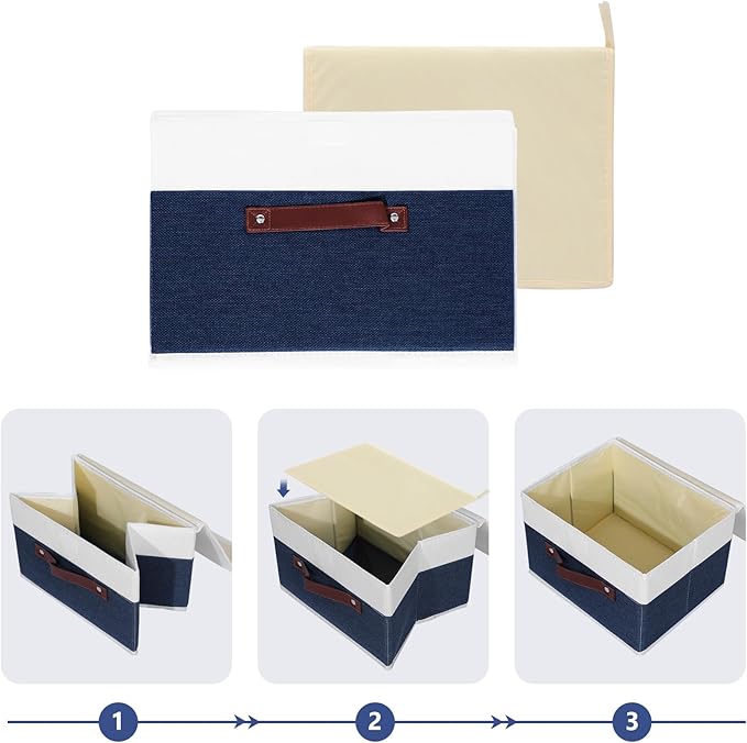 ANMINY Storage Boxes with Lids Washable Decorative Storage Bins Basket with PU Leather Handle Foldable Linen Fabric Storage Cubes Containers for Home Closet Organizer - Deep Blue White, Small Size-CubbioJoy