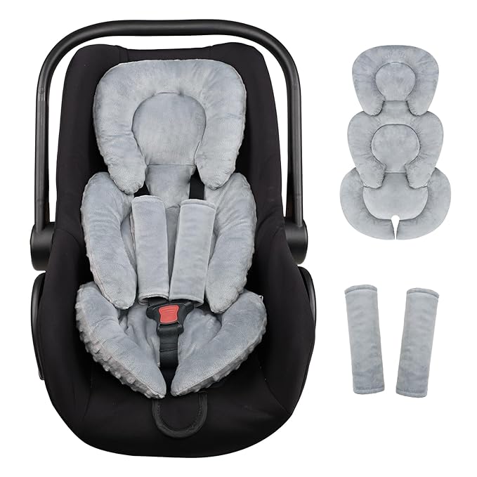Infant Car Seat Insert Head and Body Support, GFU Reversible Newborn Insert for Carseat with Strap Pads, Soft Stroller Cushion Pillow Insert for Boys and Girls, Fits for Stroller, Swing, Grey-CubbioJoy