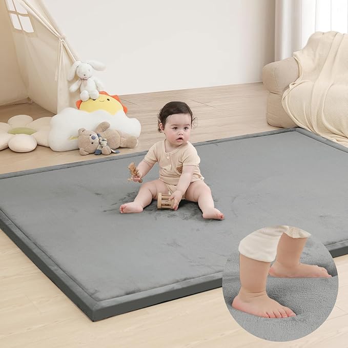 Baby Play Mat for Floor,1.3" Thick Memory foam Tummy Time Mat,79"×158“ Extra Large Soft Velvet Nursery Rug,Non Slip Safe for Crawling,Toddlers,Infants,kids,Tatami Style for Living Room(Dark Grey)-CubbioJoy