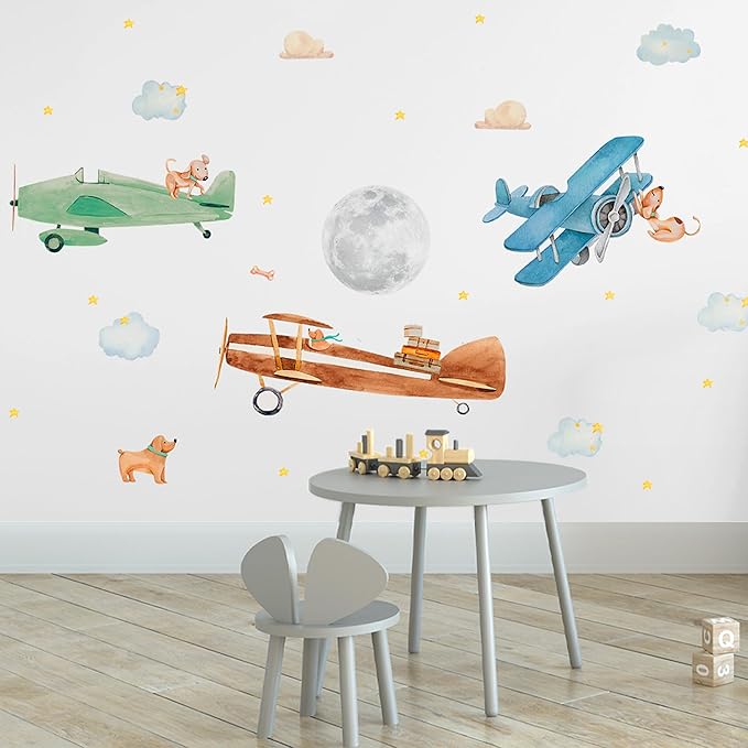 Airplane Wall Decals by Lipastick - Wall Decals for Boys Bedroom, Watercolor Vintage Plane Stickers for Kids, Boys Room, Baby Nursery, Toddler Decor - Premium Vinyl Aircraft Art-CubbioJoy