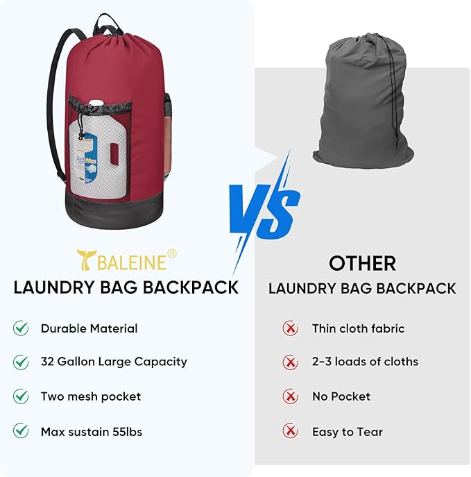 BALEINE 150L Laundry Bag Backpack, 900D Oxford Fabric Large Travel Laundry Bags with Shoulder Straps and 2 Mesh Pockets for College Dorm, Apartment, Laundromat (Red, 150L) ﻿-CubbioJoy