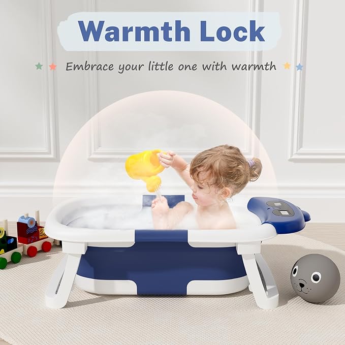 AVIDOR Baby Bathtub,Collapsible Bathtub for Newborn to Toddler,Durable Essential Infant Bath Tub,Portable Travel Baby Tub with Soft Bath Net,No-Slip Feet and Dinosaur Shaped (Navy Blue)-CubbioJoy