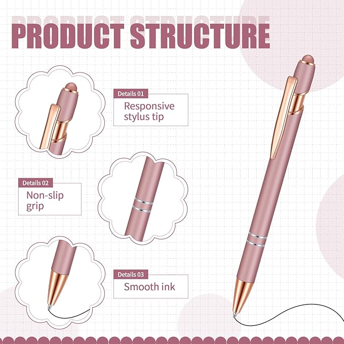 8 Pieces Ballpoint Pen with Stylus Tip Black Ink 2 in 1 Stylus Metal 1.0 mm Medium Point Smooth Pen Rainbow Colorful Rubberized Ballpoint for Touch Screen Tablet(Rose Gold)-CubbioJoy