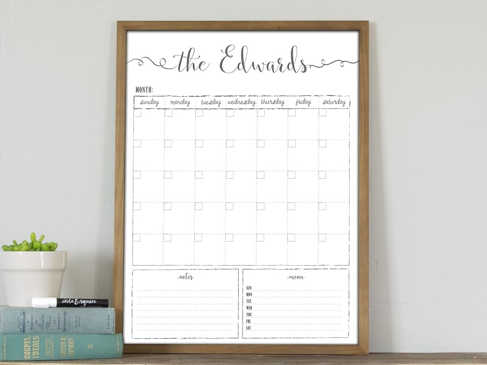 Customized Dry Erase Whiteboard Framed Calendar, Wet Erase or Dry Erase calendar for wall, 18x24 or 24x36 Wall Calendar, Monthly Calendar, Family Name Calendar-CubbioJoy