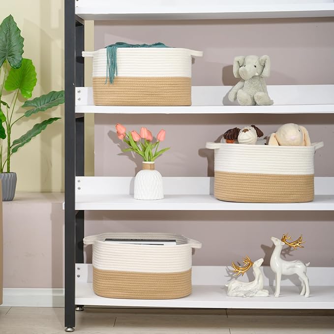 Cotton Rope Woven Storage Basket, Used for Baby Hamper Toy Organizer, Gift Baskets Empty,Kids Laundry Basket,Baby Blanket Storage. Size 15x10x8.7 Inches. (White&Khaki-3PCS)-CubbioJoy