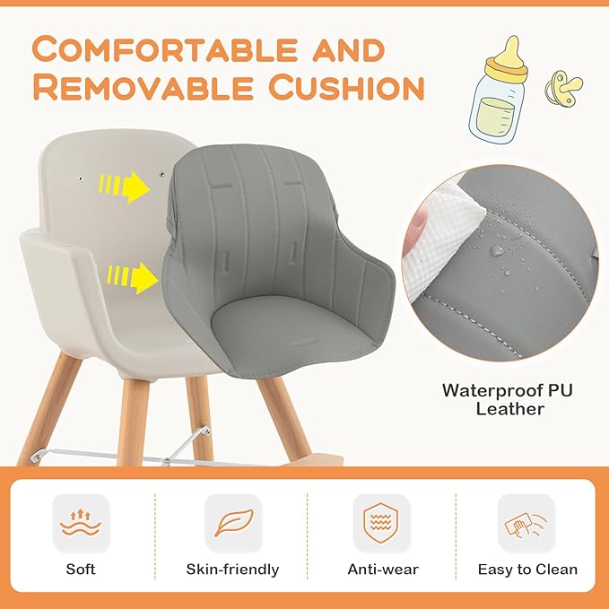 BABY JOY Convertible Baby High Chair, 3 in 1 Wooden Highchair/Booster/Chair with Removable Tray, Adjustable Legs, 5-Point Harness, PU Cushion and Footrest for Baby, Infants, Toddlers (Gray)-CubbioJoy