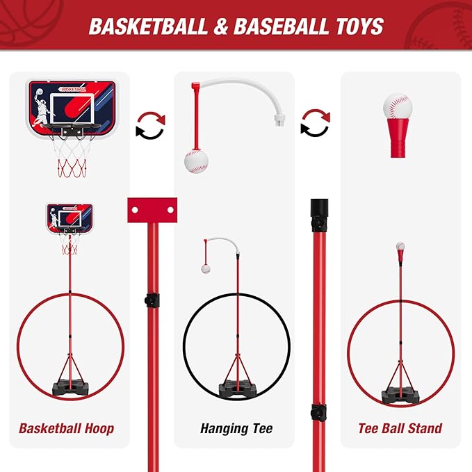 4 in 1 Kids Basketball Hoop and Tball Set for Toddlers 3-5, Adjustable Hanging Tee Ball Stand with Automatic Baseball Pitching Machine, Indoor Outdoor Sport Toys Birthday Gifts for Boys Girls-CubbioJoy