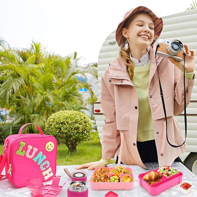 Bento Lunch Box Set for Kids with 10oz Thermo Food Jar, Leak-Proof Lunch Containers with 6 Compartment, Nylon Preppy Lunch Bag with Adjustable Strap for Girls School Travel Picnic-CubbioJoy