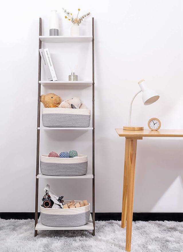 Baskets for Shelf Storage Cute Basket to Store and Organize Household Items/Woven Rope Basket for Living Room, Bedroom,Playroom/Durable Small Oval-13x8.66x5.11’’,3 Packs Off White&Gray-CubbioJoy