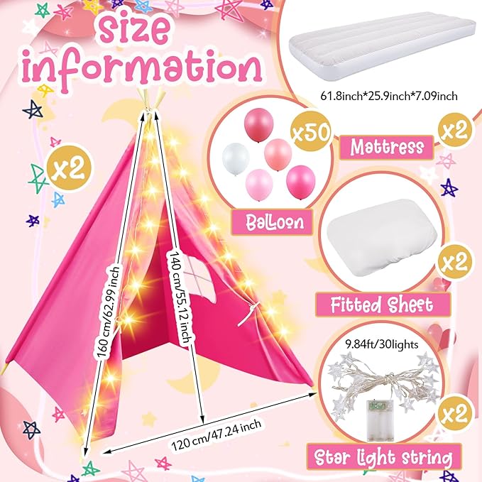 2 Pack Kids Teepee Tent with Mattress,Fitted Sheet,Light String,Washable Natural Cotton Toddler Play Tent for Girls Boys Indoor Outdoor Sleepover Slumber Birthday Party(Rose Red)-CubbioJoy