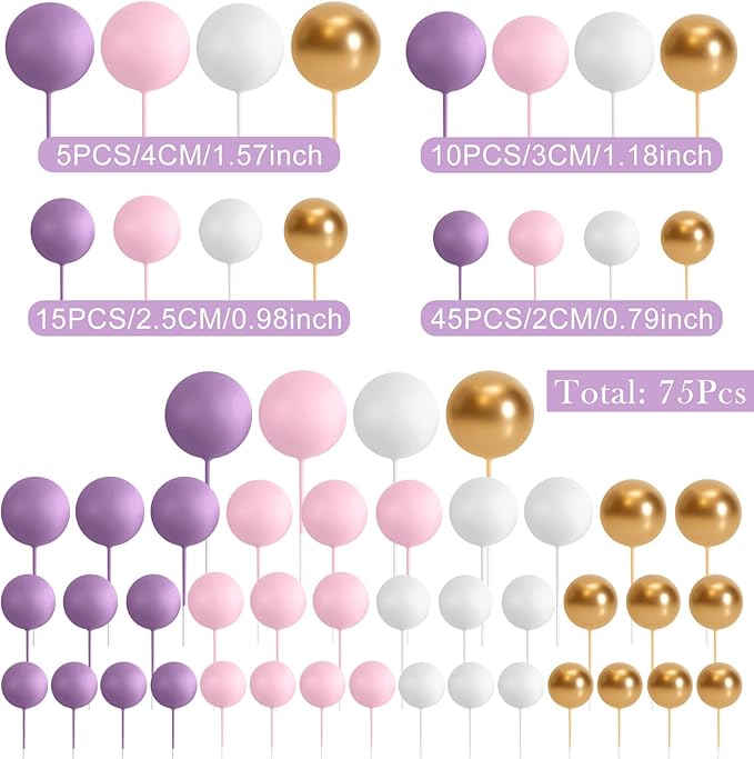 75 Pieces Cake Balls Topper Decorations Foam Cupcake Topper Mini Balloon Cake Topper Balls Cake Picks for Cake Deco Birthday Party Wedding（Purple,Pink,Gold,White）-CubbioJoy