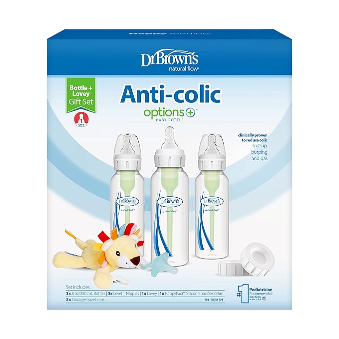 Dr. Brown's Natural Flow® Anti-Colic Options+™ Narrow 8oz/250mL Baby Bottle + Lovey Gift Set with Level 1 Slow Flow Nipples-CubbioJoy