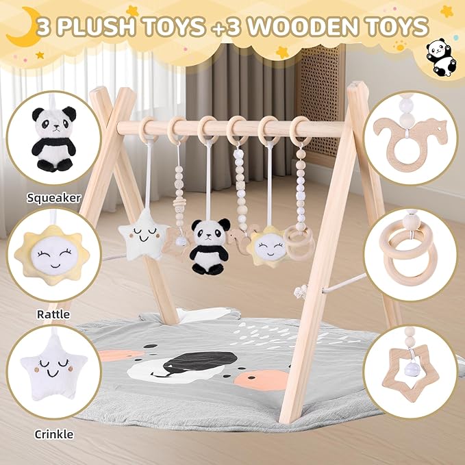 Baby Play Gym with Mat – Wooden Montessori Gym for Newborns 0-12M,Natural Pine Wood with 6 Sensory Toys,Foldable & Portable (Koala)-CubbioJoy