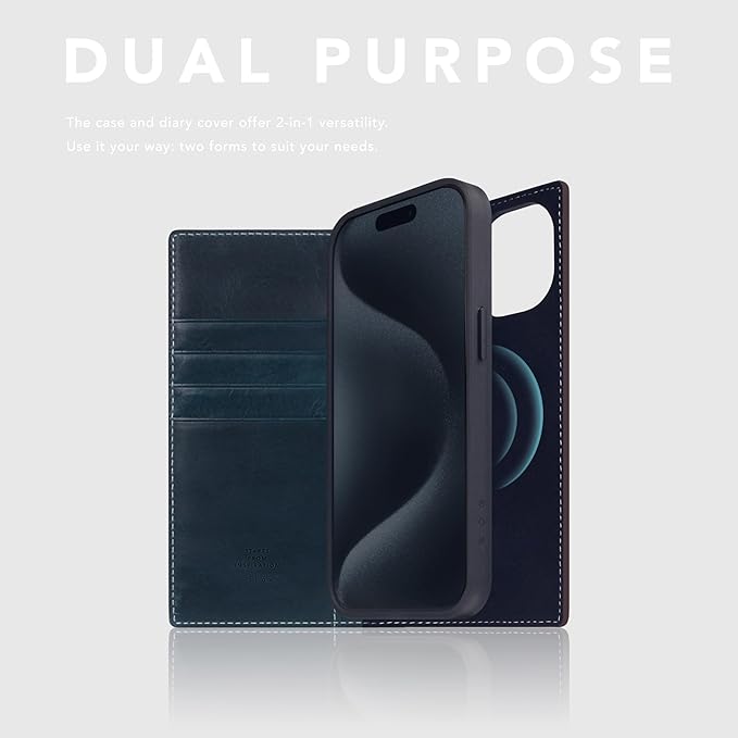 D7 Italian Wax Leather Wallet Case for iPhone 15 - [2-in-1] Handcrafted Detachable Diary Style with Magnetic MagSafe Back Cover, Gift Box Included (Blue)-CubbioJoy