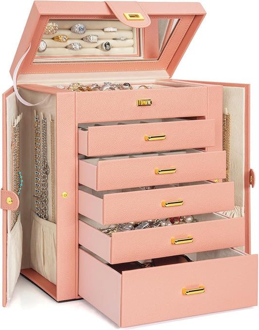 AKOZLIN Large Jewelry Box Organizer Functional Lockable with Big Mirror, Leather Jewelry Storage Case for Women Girls Ring Necklace Earring Bracelet Holder Organizer Pink-CubbioJoy