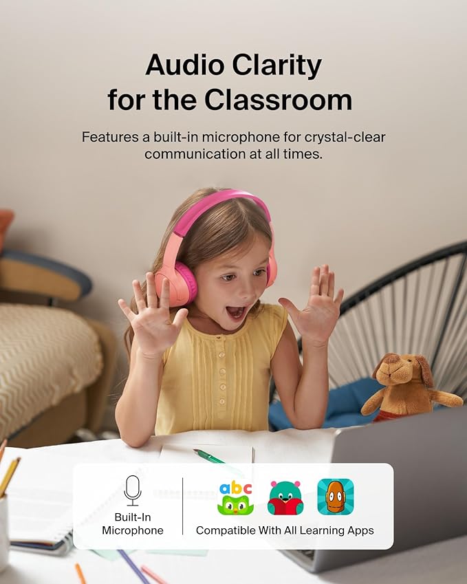 Belkin SoundForm Mini - Wireless Bluetooth Kids Headphones with 30H Battery Life, 85dB Safe Volume Limit, Built-in Microphone - Kids On-Ear Earphones for iPhone, iPad, Fire Tablet & More - Pink-CubbioJoy