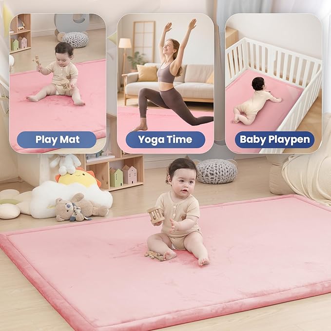 Baby Play Mat for Floor,1.3" Thick Memory Foam Tummy Time Mat for Toddlers,Infants,Kids,Soft Coral Velvet,Extra Large Non Slip for Crawling,Yoga,Tatami Style for Living Room(Pink)-CubbioJoy
