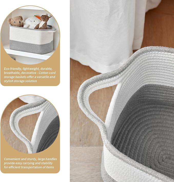 Cotton Rope Storage Basket Set of 3 (15"x10.2"x9.1") - Rectangle Storage Bins - Versatile Toy Storage Organizer - Perfect for Kids, Dog Toys, Books, Shelves - White & Grey-CubbioJoy