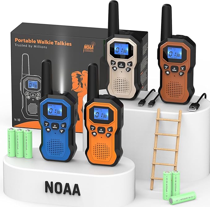 2 Way Radios for Adults Long Range Walkie Talkies for Kids Rechargeable 4 Pack, Camping Hiking Skiing Cruising Gear with Lamp, USB-C, SOS Siren, NOAA Alert, iVOX Hands-Free, One-Touch Pairing-CubbioJoy
