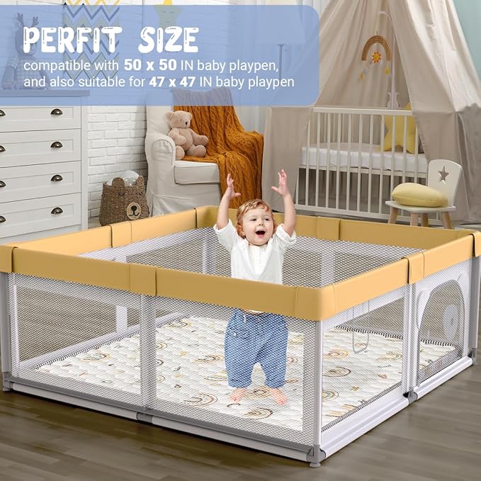 Boho Rainbow Baby Play Mat 50" X 50" Playpen Mat Thicken One-Piece Baby Crawling Mat Non-Slip Cushioned Baby Floor Mat with Lettters, Activity Playmats for Infants, Babies, Toddlers (50X50,Beige)-CubbioJoy