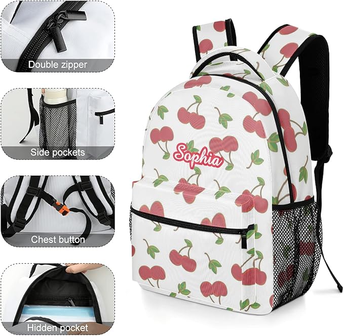 Cherry Pattern Custom Kids Backpack 16.5 Inch for Boy Girl, Personalized Waterproof Child School Travel Bag with Name-CubbioJoy