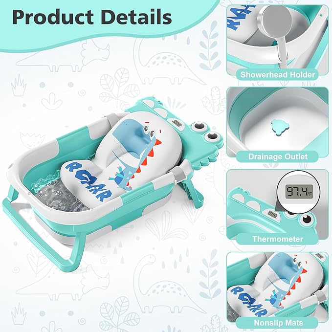 Collapsible Baby Bathtub for Newborn with Thermometer & 1 Soft Floating Cushion & Drain Hole, Foldable & Portable Travel Baby Bath Tub for Newborns to Toddlers 0-36 Months Boys, Cyan-CubbioJoy