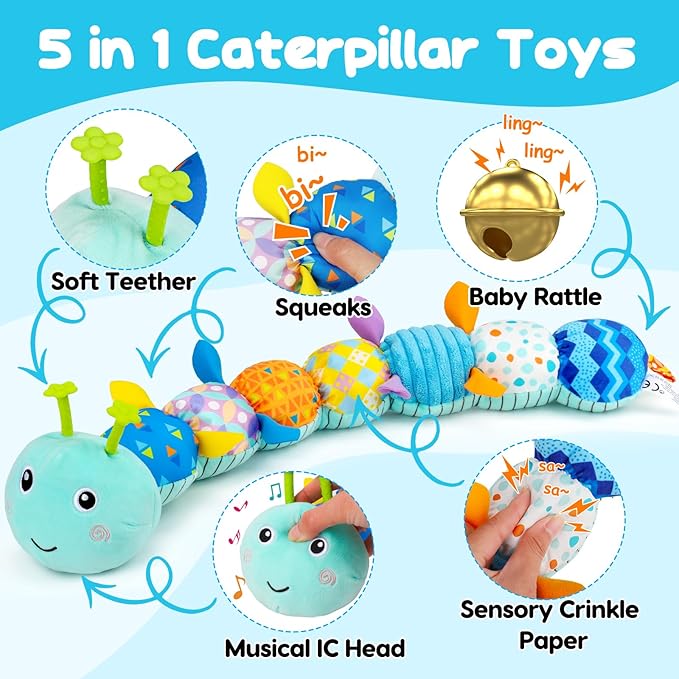 Baby Tummy Time Toys 0-6 Month Musical Stuffed Animal Plush Caterpillar Toy for Infant 6-12 Month Teething Sensory Toy with Crinkle Rattle for Babies 0-3-6 Month Newborn Boy Girl Birthday Gift 1-CubbioJoy