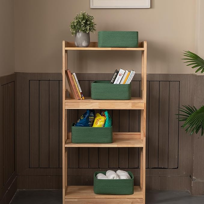 4 Pack Small Storage Shelf Baskets for Organizing, Mini Woven Rope Storage Bins for Towels, Cute Decorative Closet Organizer，Baby Nursery, Gift Empty Baskets -13''Lx8.66''Wx5.11''H-Green-CubbioJoy