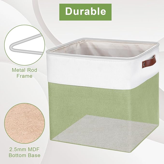 13x13 Cube Storage Bins, Collapsible Fabric Storage Box, 4 Pack Closet Baskets with Handles for Organizing, Shelf, Toys, Clothes, Home, Office, Nursery (Green&White)-CubbioJoy