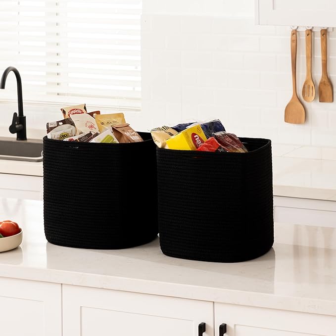joybest Cube Storage Bins Set of 4, 13inch Cube Baskets Organizer for Nursery, Square Cotton Rope Baskets for Shelves Organizing, Kids Toy, Closet Storage, Black-CubbioJoy