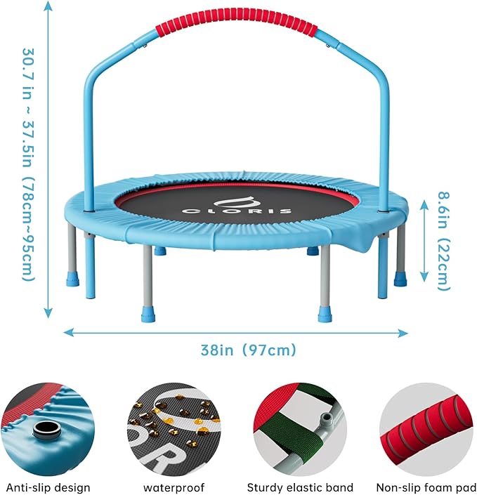 CLORIS 38in/48in Folding Trampoline - Max Load 220lbs / 450lbs Mini Trampoline Rebounder Trampoline for Adults with Adjustable Foam Handle, with safty Padded Cover Best Gift for Kids/Adult-CubbioJoy