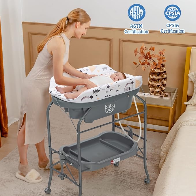 BABY JOY Baby Bathtub with Changing Table, Foldable Infant Diaper Changing Station with Storage Tray, Waterproof Pad, Portable Newborn Nursery Organizer Bath Stand with 4 Universal Wheels (Gray)-CubbioJoy