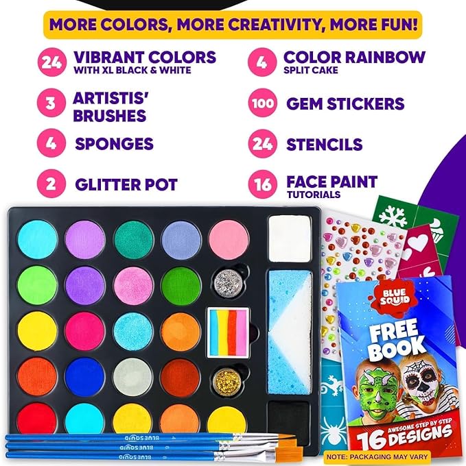 28 Color Face Painting Kit for Kids - Blue Squid Face Paint Kit Palette with 160pc accessories Stencils, Water Activated Non Toxic Washable Professional Facepaint body set Halloween Party Makeup-CubbioJoy