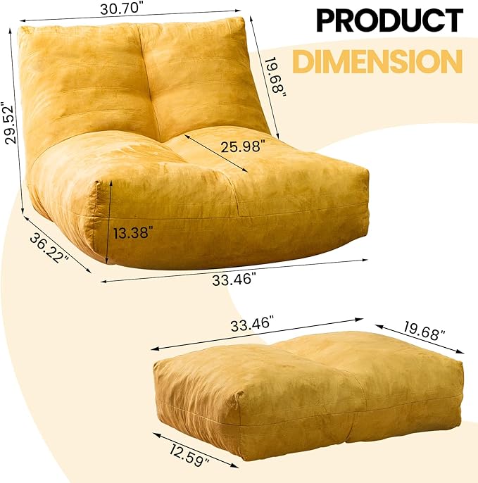 Bean Bag Chair with Ottoman, Comfy Bean Bag Sofa with Memory Foam, Lazy BeanBag Sofa with Footstool, Fireside Bean Bag Couch for Living Room, Bedroom, Apartment-CubbioJoy
