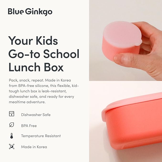 BLUE GINKGO Silicone Lunch Box Set – Durable Heavy-Duty Silicone Bento Box, Microwave, Freezer, Dishwasher Safe – Airtight, BPA Free (Made in Korea, Coral)-CubbioJoy
