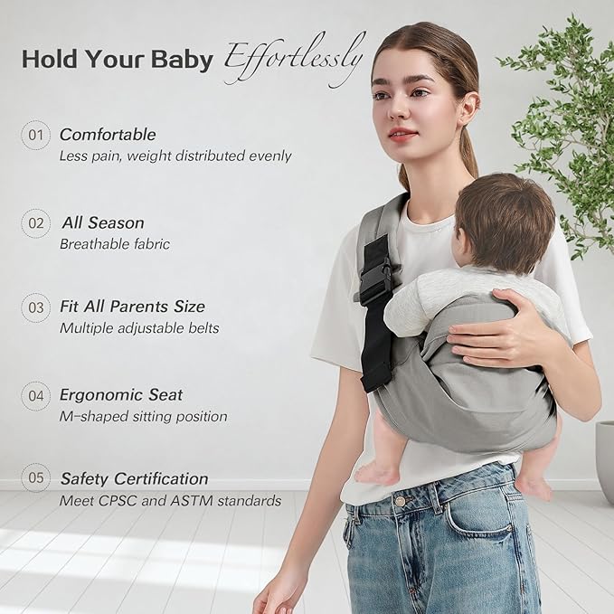 Baby Sling Carrier, Toddler Carrier Sling with Double Safety Buckle and Adjustable Shoulder Strap(7-30lbs), Baby Carriers One Size Fits All, Grey-CubbioJoy