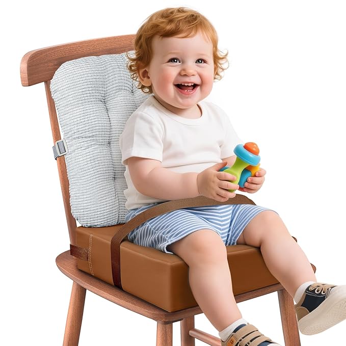 Booster Seat for Kitchen Chair with Comfy Backrest and Adjustable Safety Buckles,Non-Slip Kid Toddler Booster Seat for Dining Table,Portable PU Travel Baby Booster Increasing Cushion Chair-CubbioJoy
