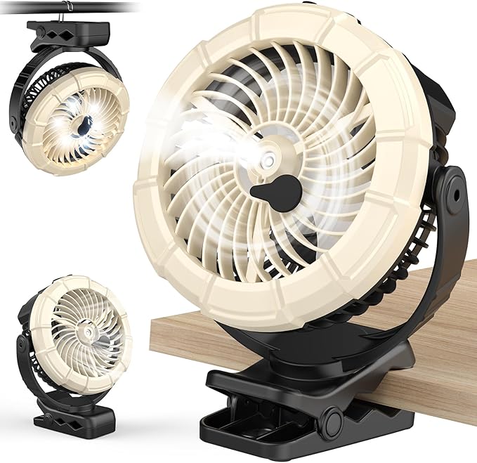 Ausic 3-in-1 Portable Clip on Fan with Misting & LED Lights & Hook, 100ML Baby Stroller Fan, 5200mAh Rechargeable Battery Operated & 360° Rotation & 3 Speeds for Table Outdoor Travel Camp Golf Cart-CubbioJoy