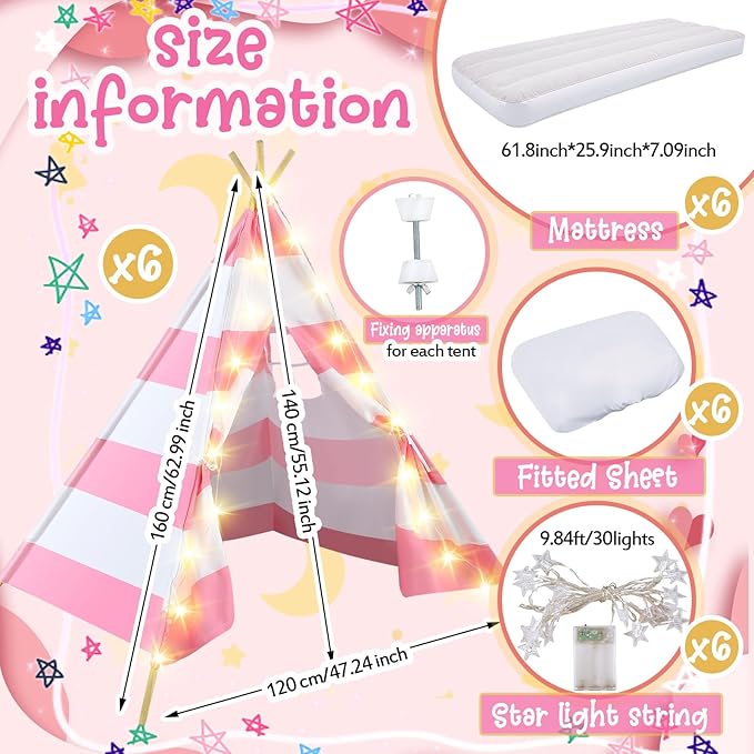 6 Pack Sleepovers Teepee Tent for Kids Bulk with Mattress Sheet Light,Natural Cotton Washable Indoor Play Tent for Birthday Slumber Party Girls Boys Pajama Movie Night Supplies(Pink, White)-CubbioJoy