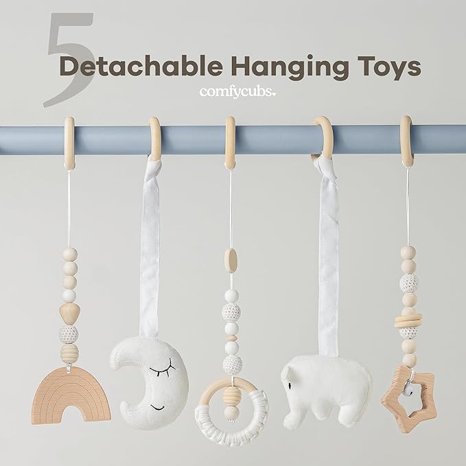 Comfy Cubs Wooden Baby Play Gym - Natural Finish Pinewood Baby Activity Gym with 5 Sensory Hanging Toys - Easy No-Tool Assembly, Safe and Durable for Infant Motor and Visual Development - Pacific Blue-CubbioJoy