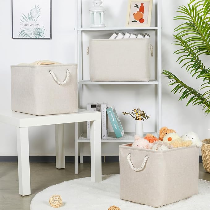 Bidtakay Large Storage Baskets for Shelves 3 Pack Fabric Storage Bins for Organizing Linen Collapsible Organizer for Closet-Light Biege-CubbioJoy