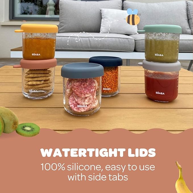 BEABA 8 oz Glass Baby Food Jars with Soft Silicone Air Tight Lids, Glass Storage Containers with Lids, Microwave and Freezer Safe Containers, Terracotta-CubbioJoy