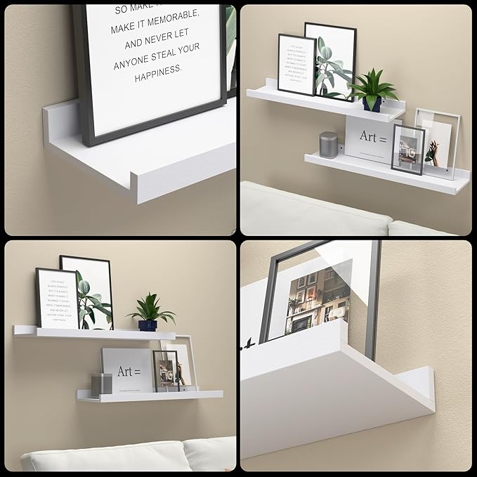 23.6 Inches Long Floating Shelves Wall Mounted, 2 Set Modern White Wall Shelf for Bedroom, Nursery Book Shelf with Lip, Picture Ledge Shelf for Wall Decor Living Room Bathroom Kitchen- White-CubbioJoy