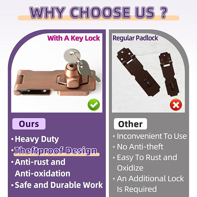 Alise Keyed Hasp Lock,4 Inch Safety Packlock Clasp Hasp Lock Latch with Lock,Door Hinge Lock with Keys Keyed Locking Hasp for Cabinets Closets Doors,Red Bronze-CubbioJoy