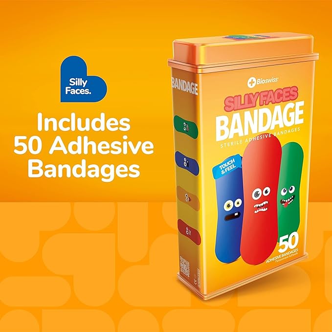 BioSwiss Bandages, Silly Faces Shaped Self Adhesive Bandage, Latex Free Sterile Wound Care, Fun First Aid Kit Supplies for Kids, 50 Count-CubbioJoy