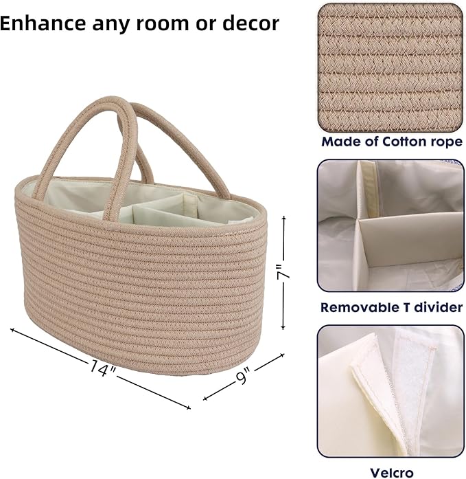 Diaper Caddy Organizer Cotton Rope Baby Basket Nursery Storage and Portable Tote Bag for Car Ideal Baby Shower Gifts and Registry Must-Have for Newborn Essentials light konjak-CubbioJoy