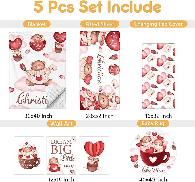 Custom Crib Bedding Set, 5 Pcs Personalized Name Nursery Bedding Set with Double Layer Flannel Blanket, Heart & Bear Baby Crib Set for Girls Boys, Customized Gifts for Infants Babies Toddlers-CubbioJoy