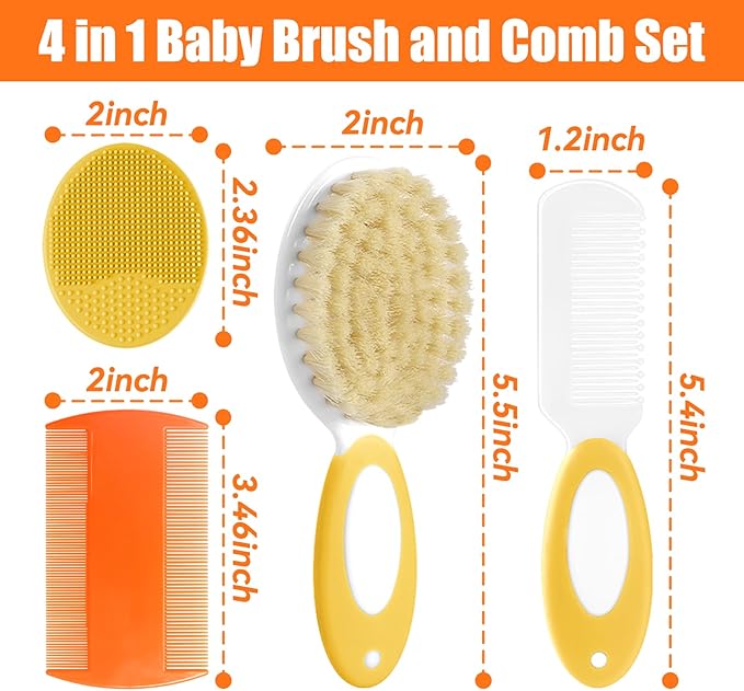 Baby Hair Brush and Comb Set, 4Pcs Baby Soft Bristles hairbrush Cradle Cap Brush Hair Comb for Newborns Toddlers Boys Girls (Yellow)-CubbioJoy